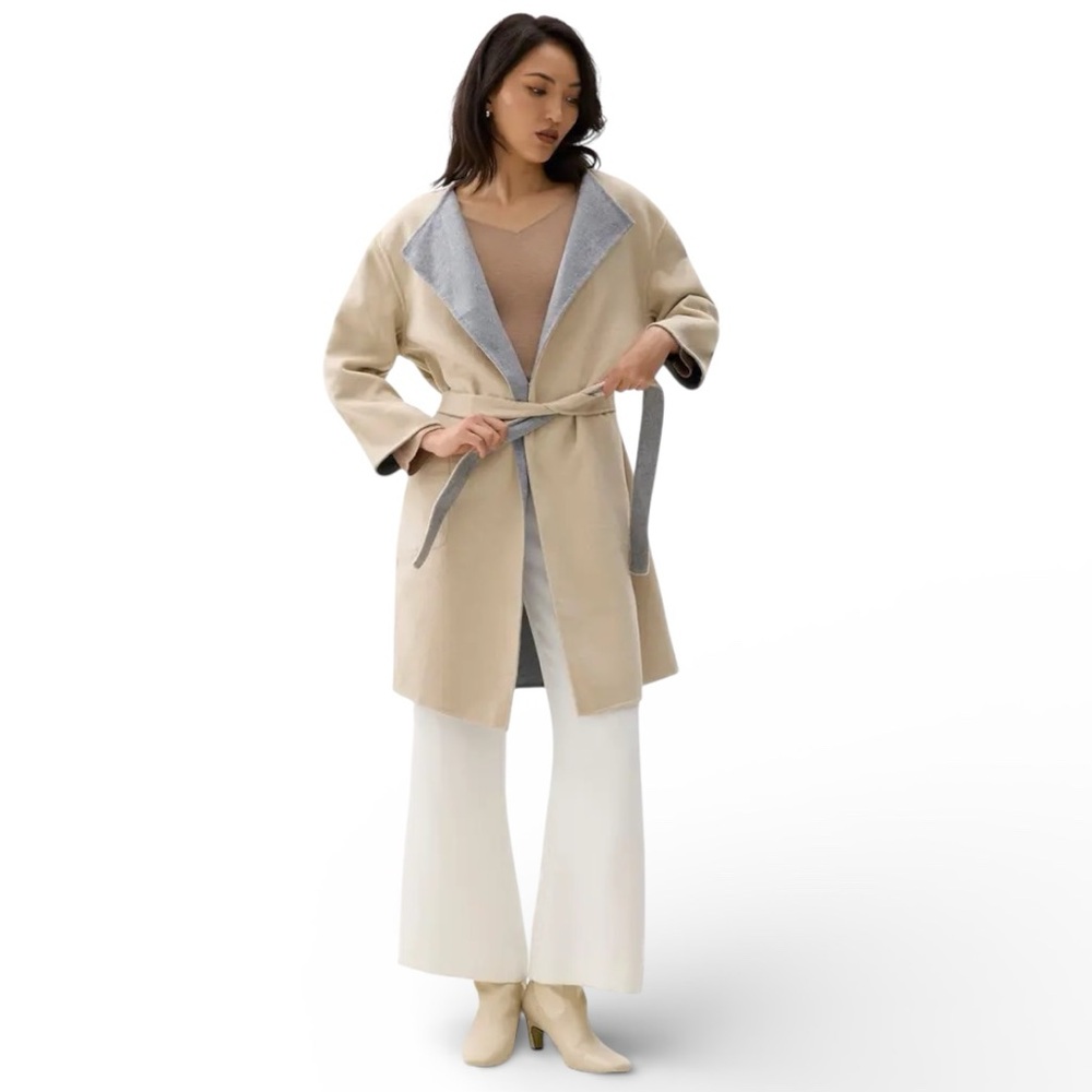 Love Bonito Reversible Wool Blend Belted Wrap Coat Beige Gray Size 1 US 6
